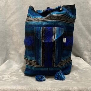 Lillo Woven Drug Rug Backpack Blue Black Striped Boho Drawstring Rucksack‎